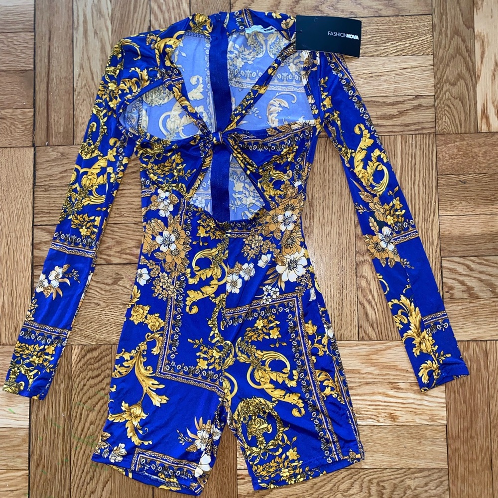Fashion Nova Royal Blue and Gold Floral Romper